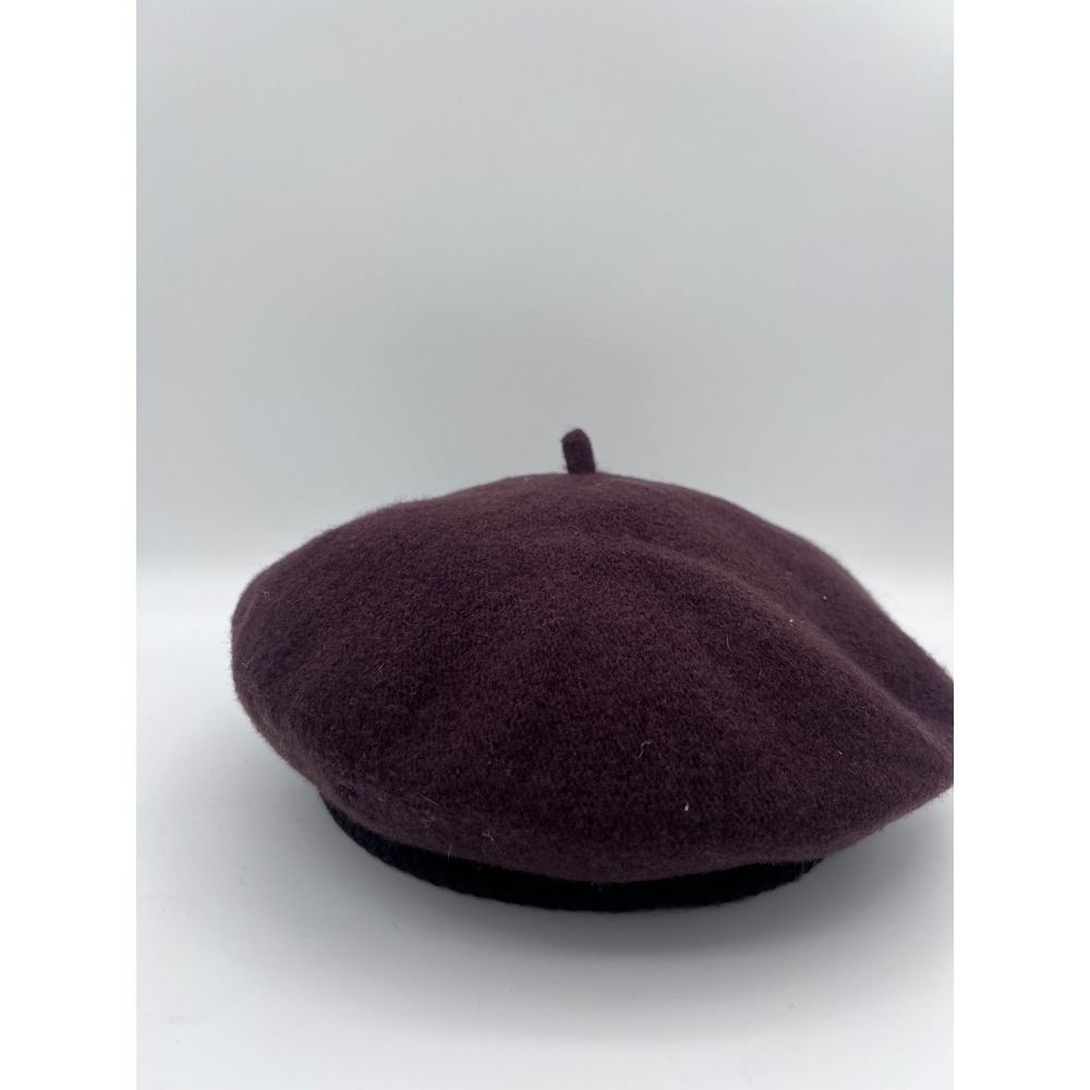 Vintage J CREW Wool Beret Hat Burgundy Plum Felted Stalk Top Blanket Stitch Trim